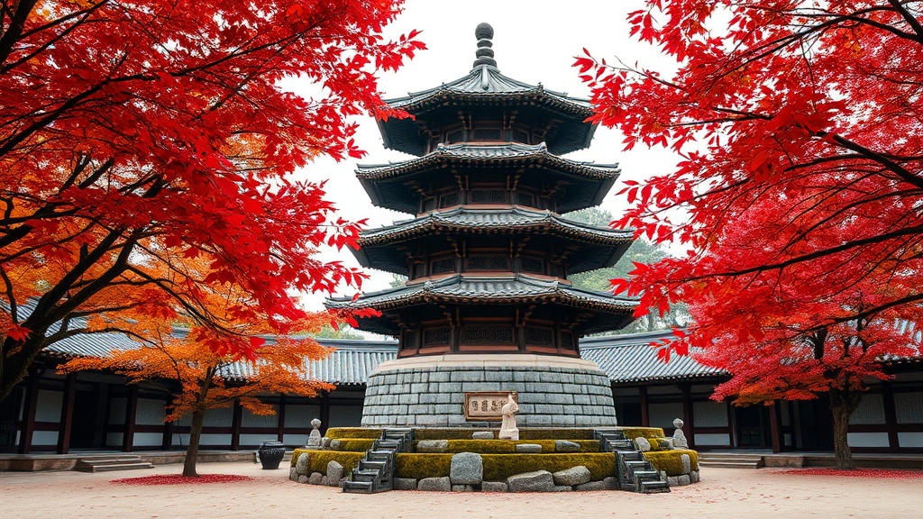 Pagode en pierre à trois étages de la période Goryeo dans la cour de Singyesa, entourée de feuilles d'automne
