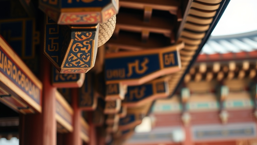 Détail de peinture dancheong sur une poutre en bois d'un temple bouddhiste coréen, pigments bleus et rouges