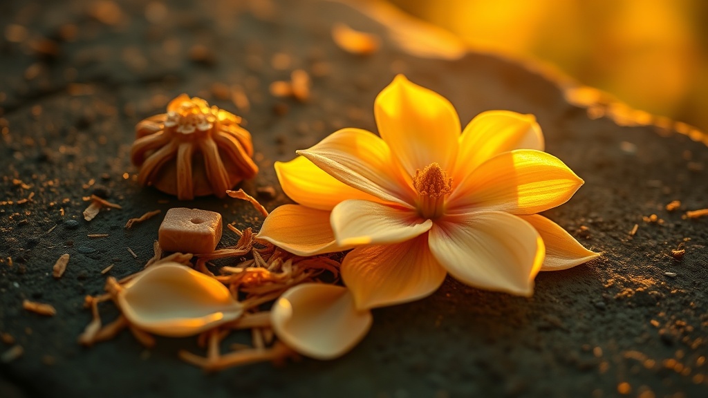 Champak blossoms and sandalwood shavings on a dark stone surface, the key ingredients of nag champa incense