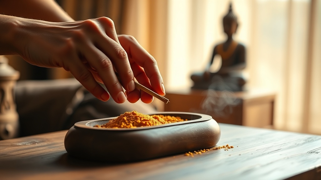 Hands placing a nag champa masala incense stick into a wooden holder on a meditation altar