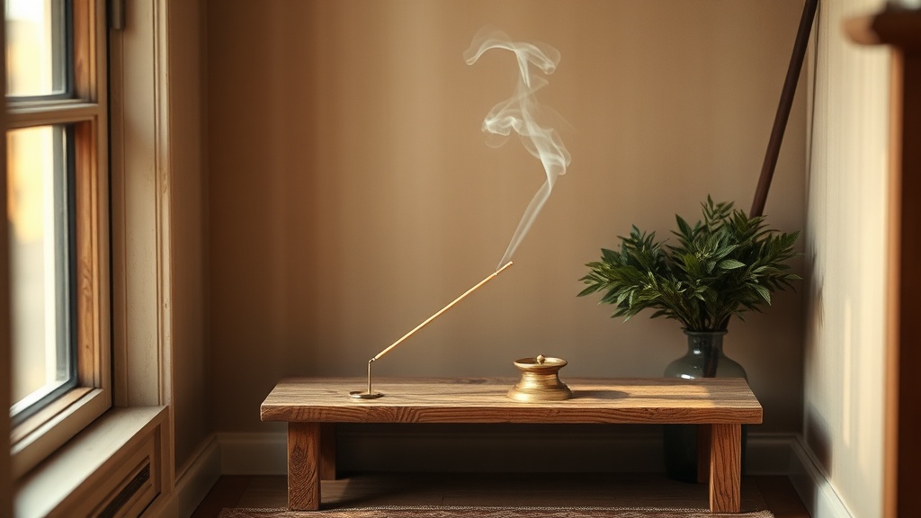 A home meditation altar with burning nag champa incense in a brass holder, warm natural light