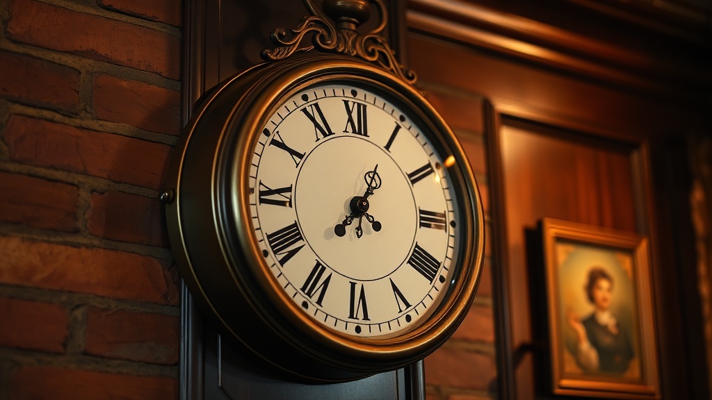Traditional wall clock with roman numerals and ornate brass frame on a dark wood-paneled wall in a classic interior