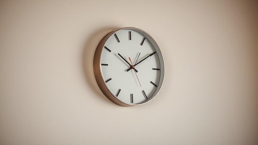 Minimalist modern wall clock with thin metal hands on a white plaster wall in a Scandinavian-style living room