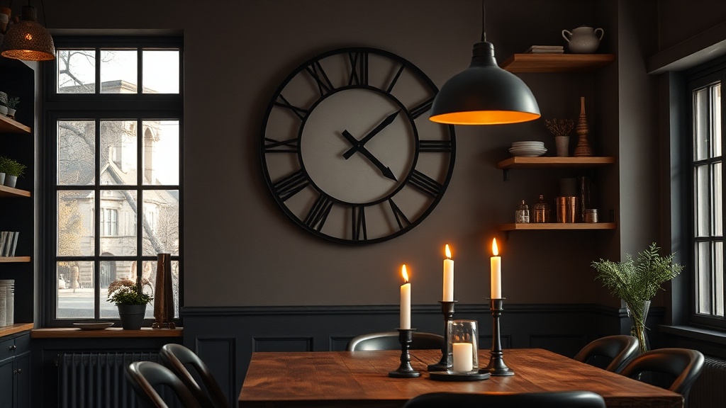 Industrial metal wall clock in warm copper tones hanging in a cozy kitchen-dining space with wooden furniture