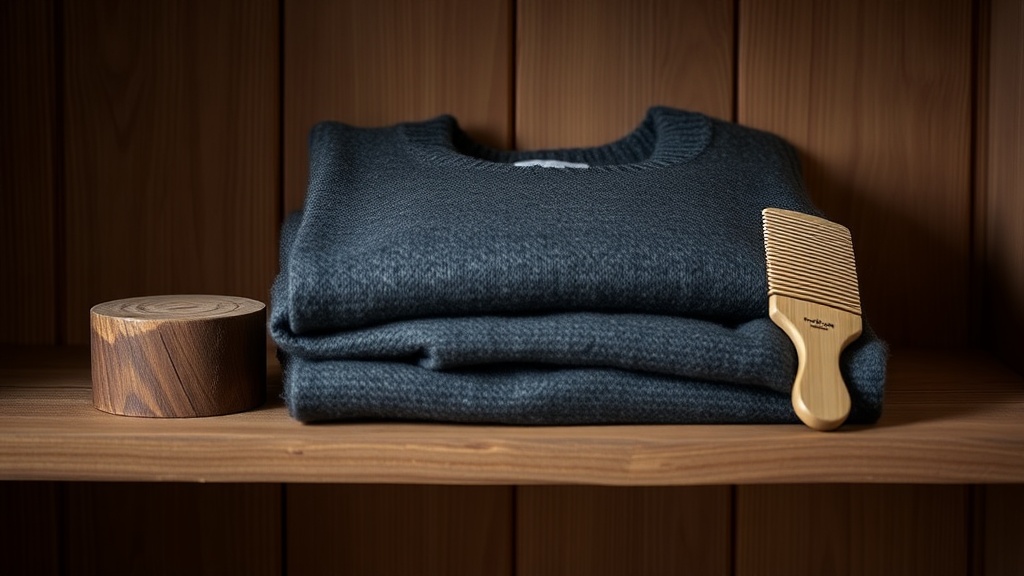 Folded charcoal cashmere sweater with a cedar block and cashmere comb on a wooden shelf