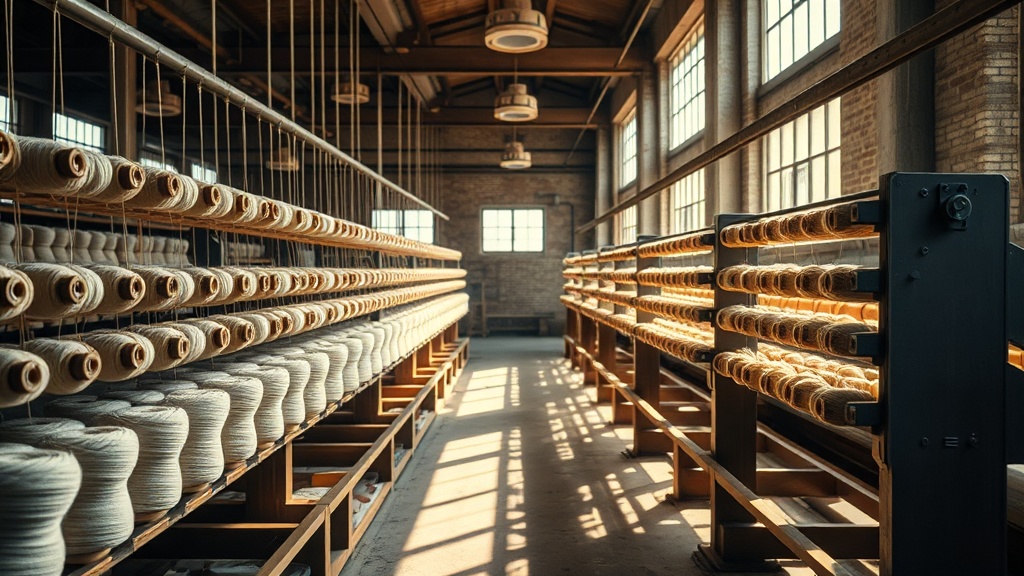 Rows of cashmere yarn spools in a traditional textile mill, cream and camel tones