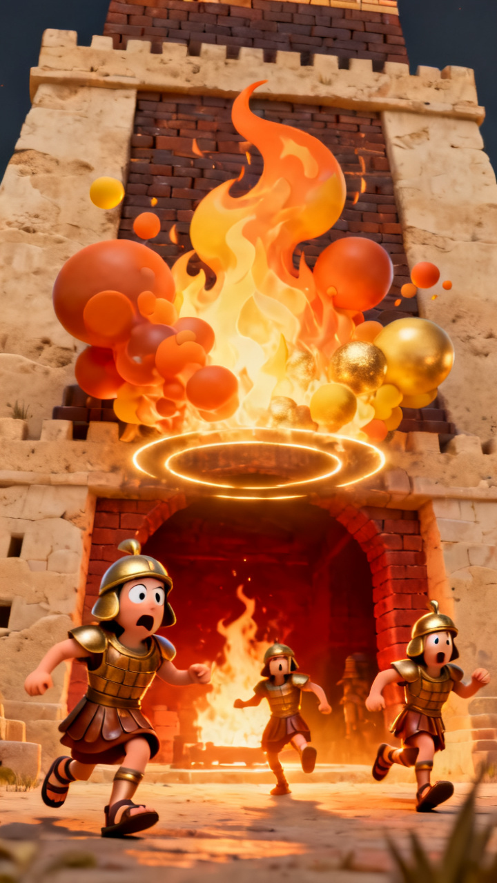 Soldados recuando assustados diante de chamas altas e vívidas ao redor da entrada da fornalha, com expressões de espanto e medo diante do calor intenso