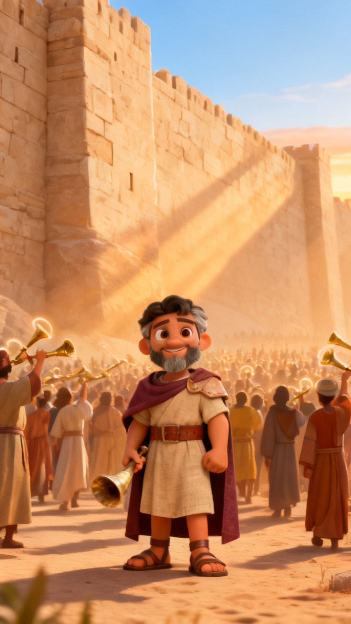 Sacerdotes com trombetas douradas erguidas ao amanhecer, enquanto o povo de Israel completa a sétima volta ao redor das muralhas de Jericó