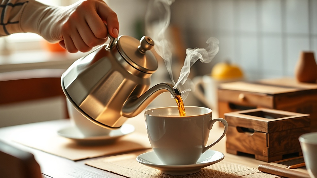 Thé indien infusé servi depuis une bouilloire vintage dans une tasse en porcelaine blanche