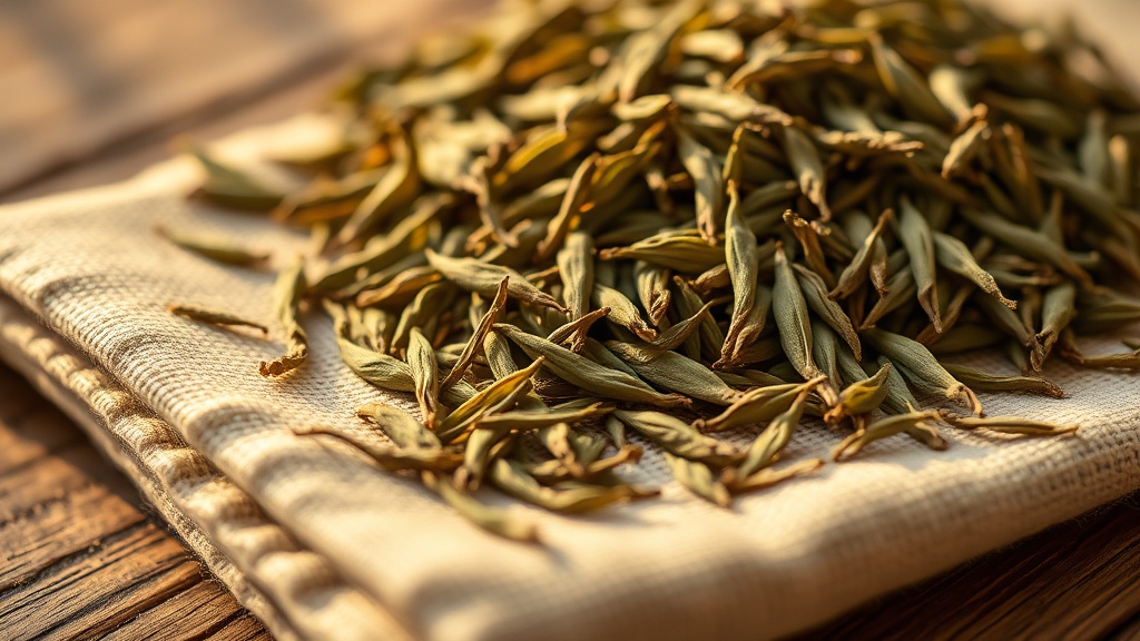 Feuilles de thé Darjeeling première récolte sur tissu de lin naturel
