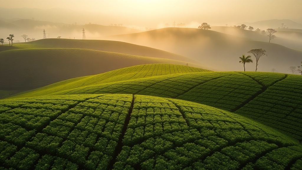 Plantation de thé en terrasses dans la vallée de l'Assam sous la brume matinale