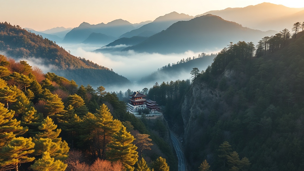 Vue aérienne des monts Myohyang avec le complexe du temple Pohyonsa dans la forêt de pins