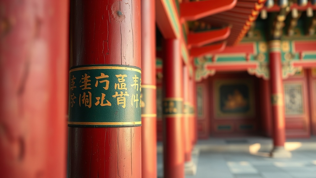 Détail des consoles dancheong peintes en rouge, vert et or sur les piliers du hall principal de Pohyonsa