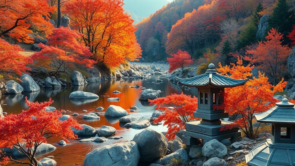 Paysage d'automne dans les monts Myohyang avec érables rouges et oranges autour d'un torrent de montagne