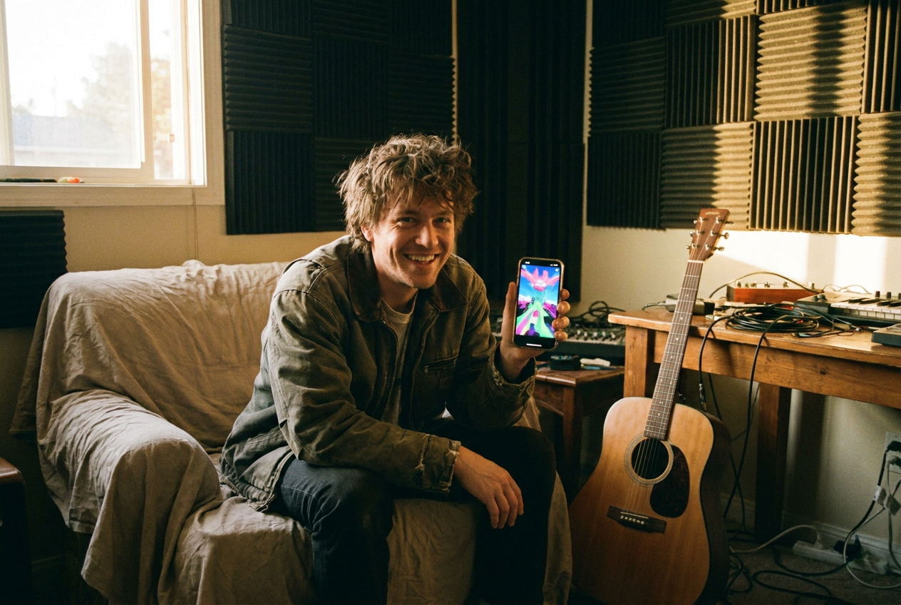 An indie musician looking excitedly at their phone screen showing a fully rendered AI music video playing, sitting in a small bedroom studio with acoustic foam on the walls, guitar leaning against the desk, warm golden hour light streaming through a window, the vibe of creative empowerment and accessibility
