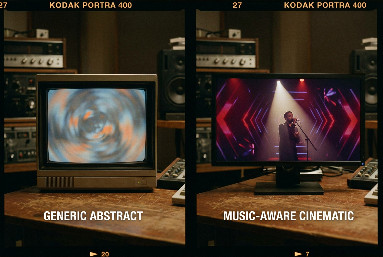 A split-screen comparison showing two music video frames side by side — on the left, a generic abstract swirl visual disconnected from the music, and on the right, a cinematic scene of a performer under dramatic stage lighting with beat-synced visual effects, highlighting the difference between generic and music-aware AI video generation