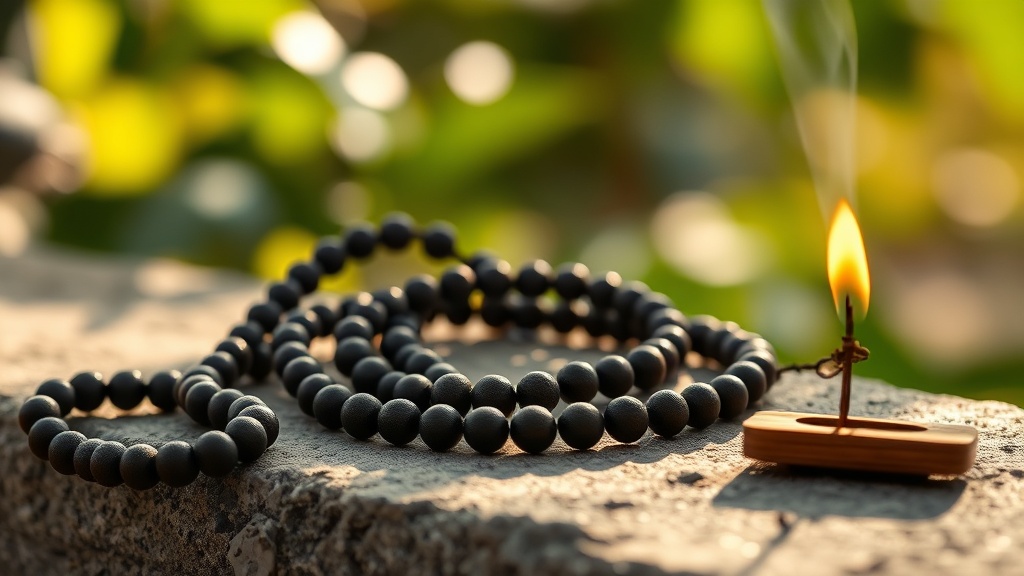 Mala en bois posé sur pierre, outil de méditation et de récitation des mantras dans la pratique bouddhiste