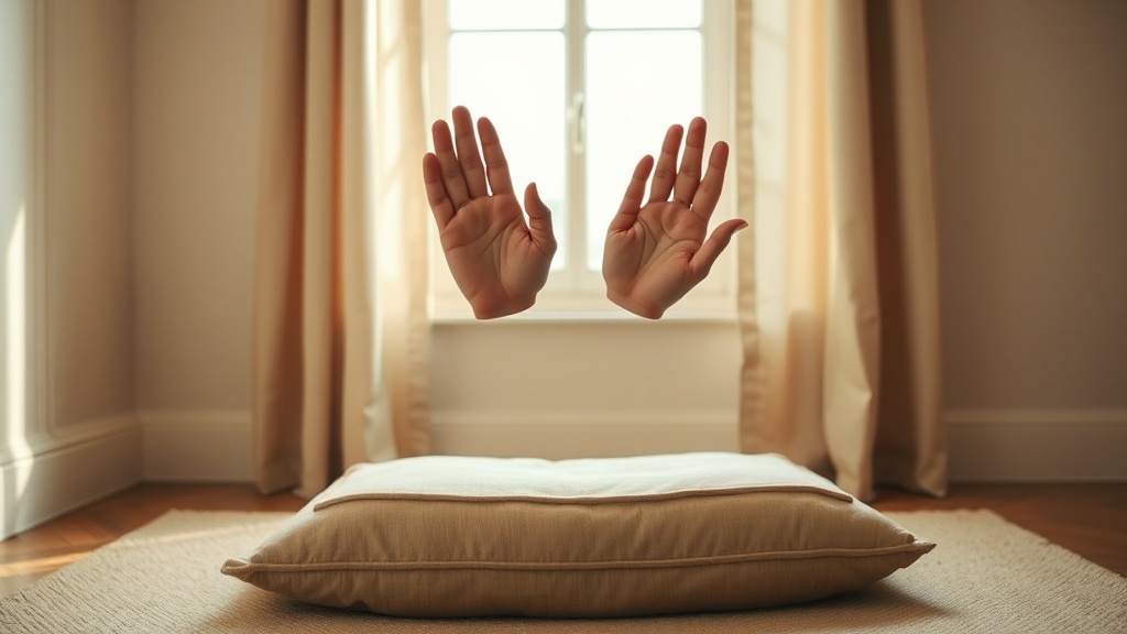 Mains jointes en mudra au-dessus d'un coussin de méditation, symbolisant la pratique des cinq préceptes bouddhistes