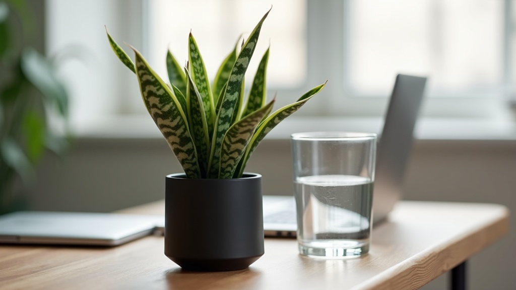 Compact snake plant on a home office desk