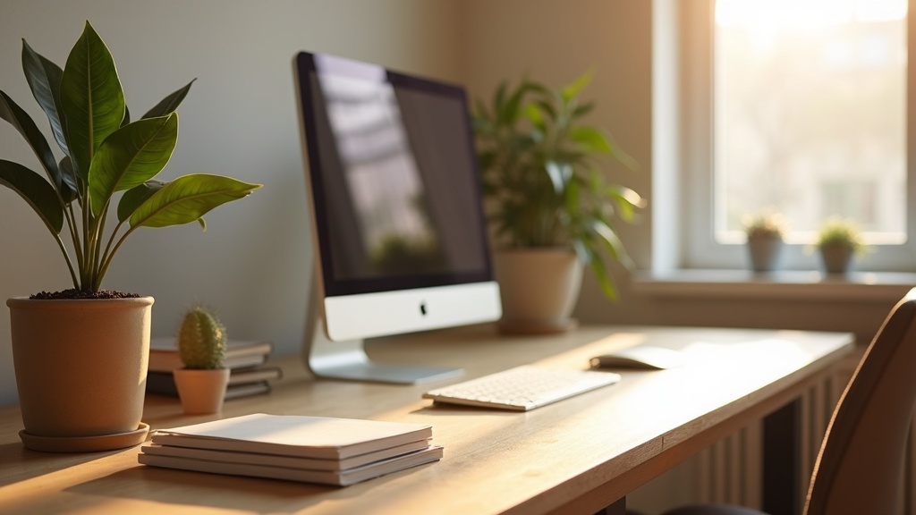 ZZ plant placed at the periphery of a home office desk for calm and focus