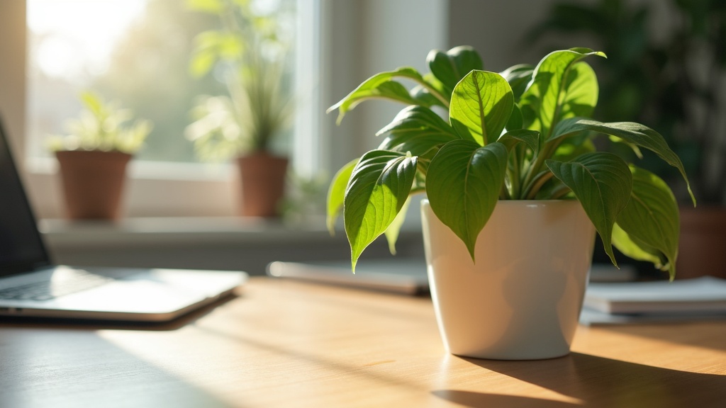 Pothos plant on a home office desk in morning light