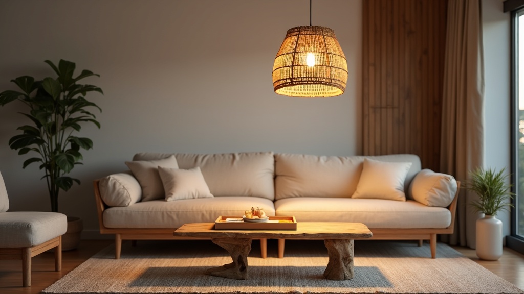 Rattan pendant lamp casting warm light in a coastal living room