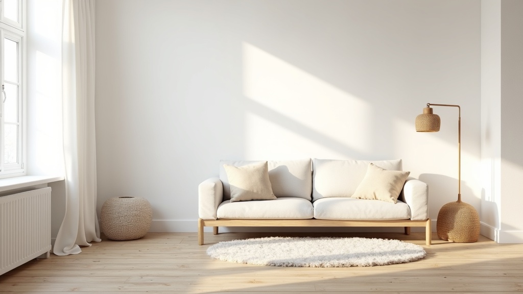 Minimal Scandinavian coastal living room with linen sofa and rattan lamp