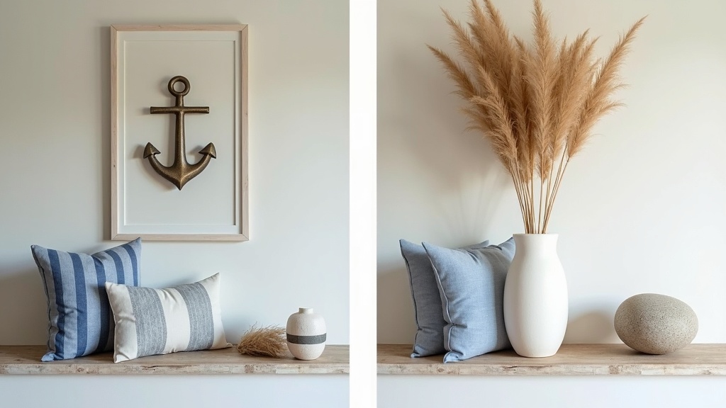 Over-decorated coastal shelf versus calm minimal coastal shelf
