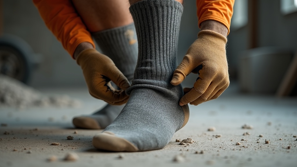 Worker putting on a merino wool work sock before a shift