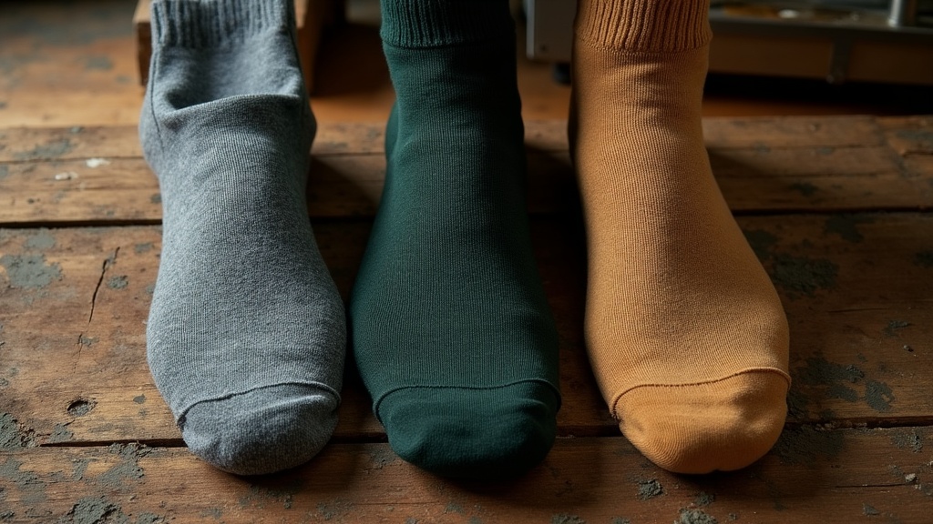Comparison of different heavy duty work socks laid flat on a workbench