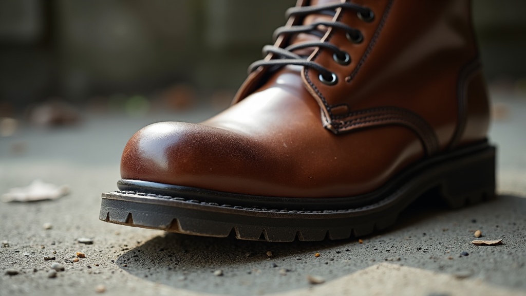 Steel toe work boot toe box close-up on concrete