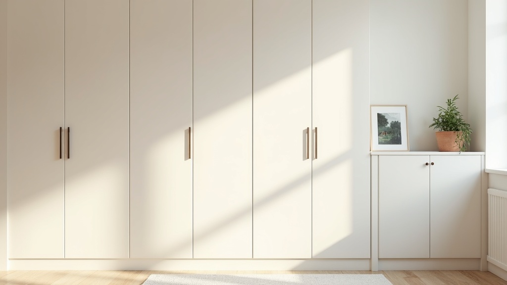 Calm small bedroom with hidden storage and minimal visual clutter