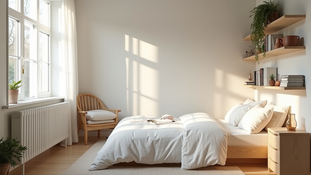 Small bedroom with smart storage and Scandinavian design