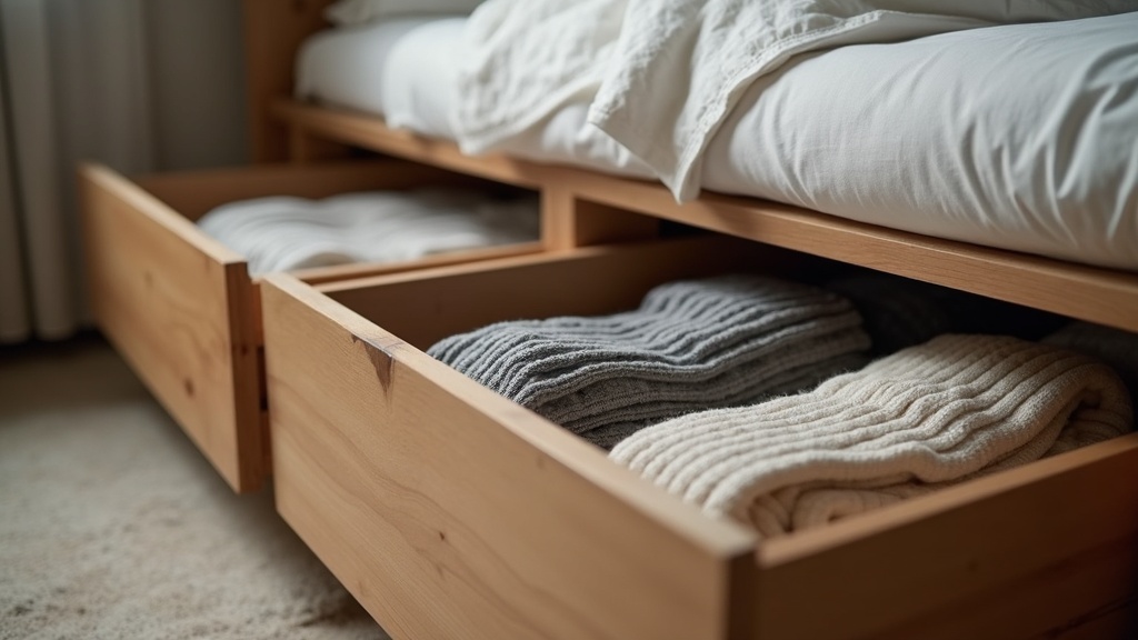 Under-bed drawer storage with folded seasonal clothes