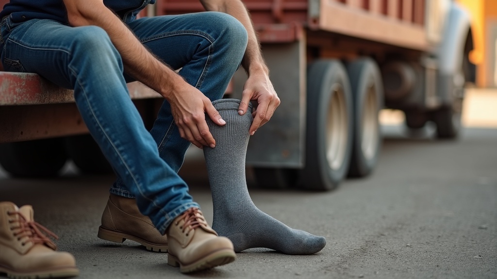 Worker pulling on over-the-calf compression sock before putting on work boots