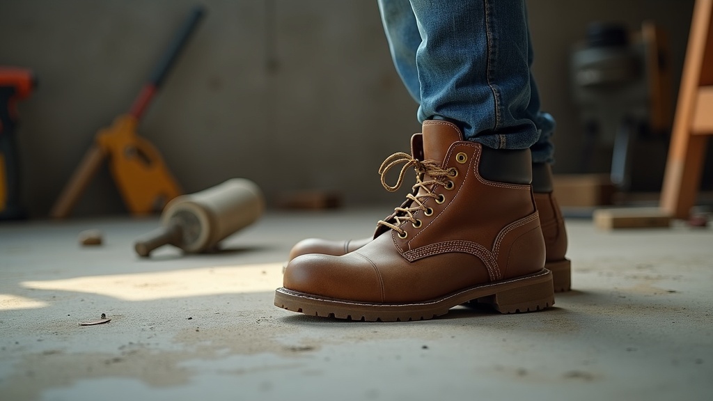 Men's compression socks worn inside steel toe work boots on a construction site