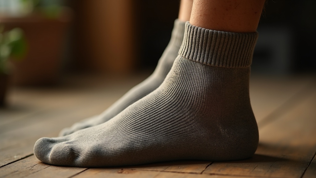Close-up of a thick moisture-wicking work sock around the heel