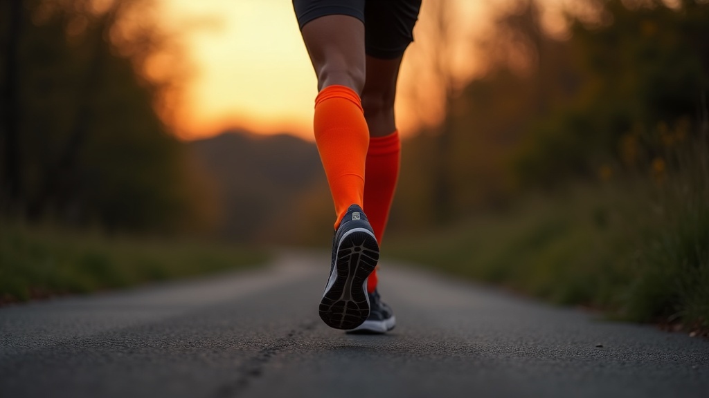 Runner wearing compression socks on a paved trail