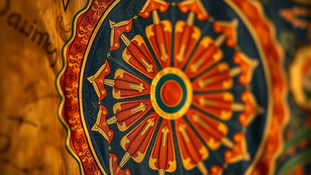 Détail d'une roue du Dharma tibétaine aux huit rayons sur tissu ancien
