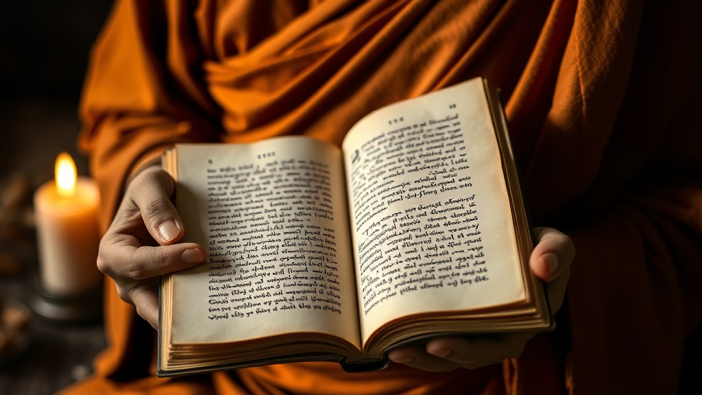 Mains tenant un manuscrit bouddhiste ancien symbolisant les enseignements du Dharma
