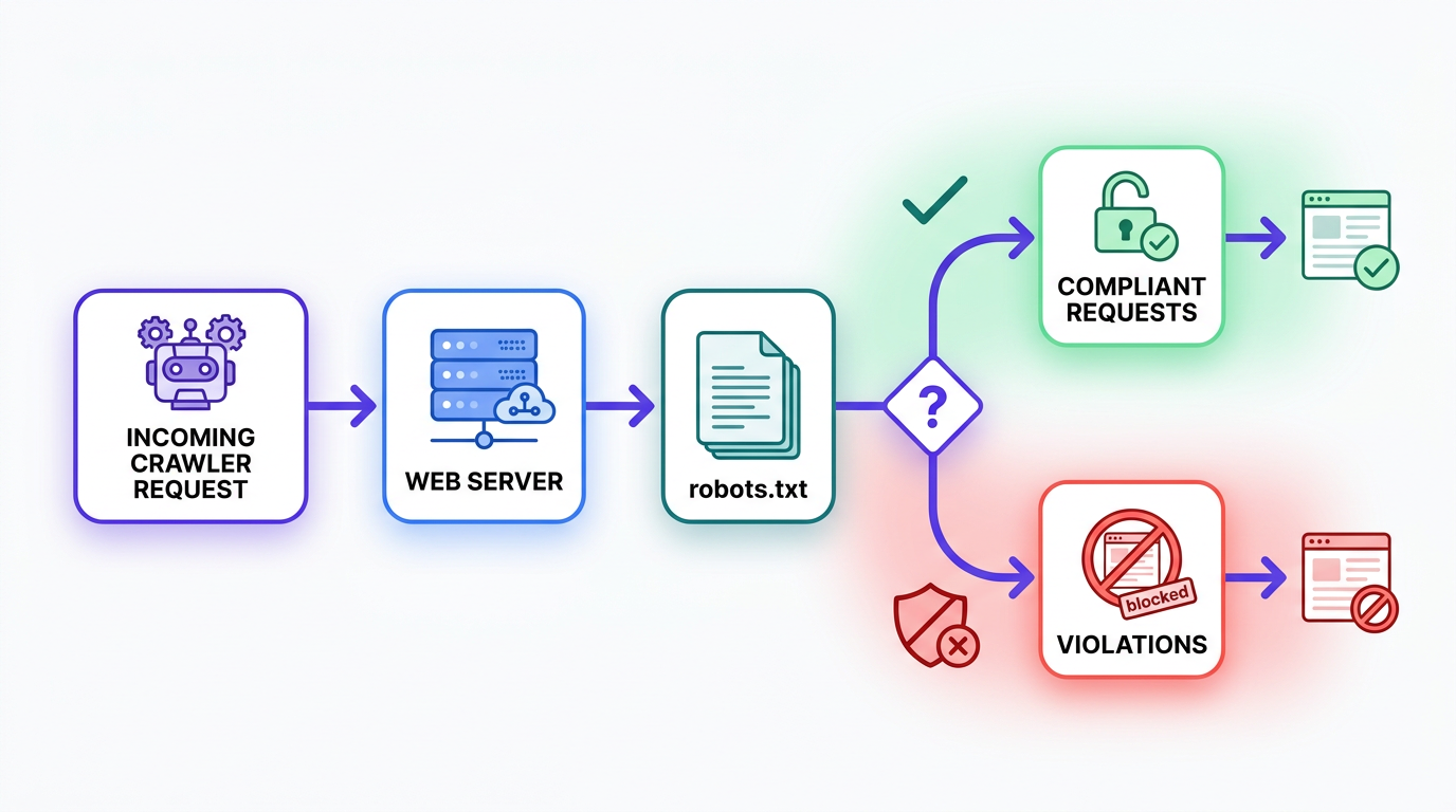 Flowchart showing how Clarity checks bot requests against robots.txt rules to flag violations