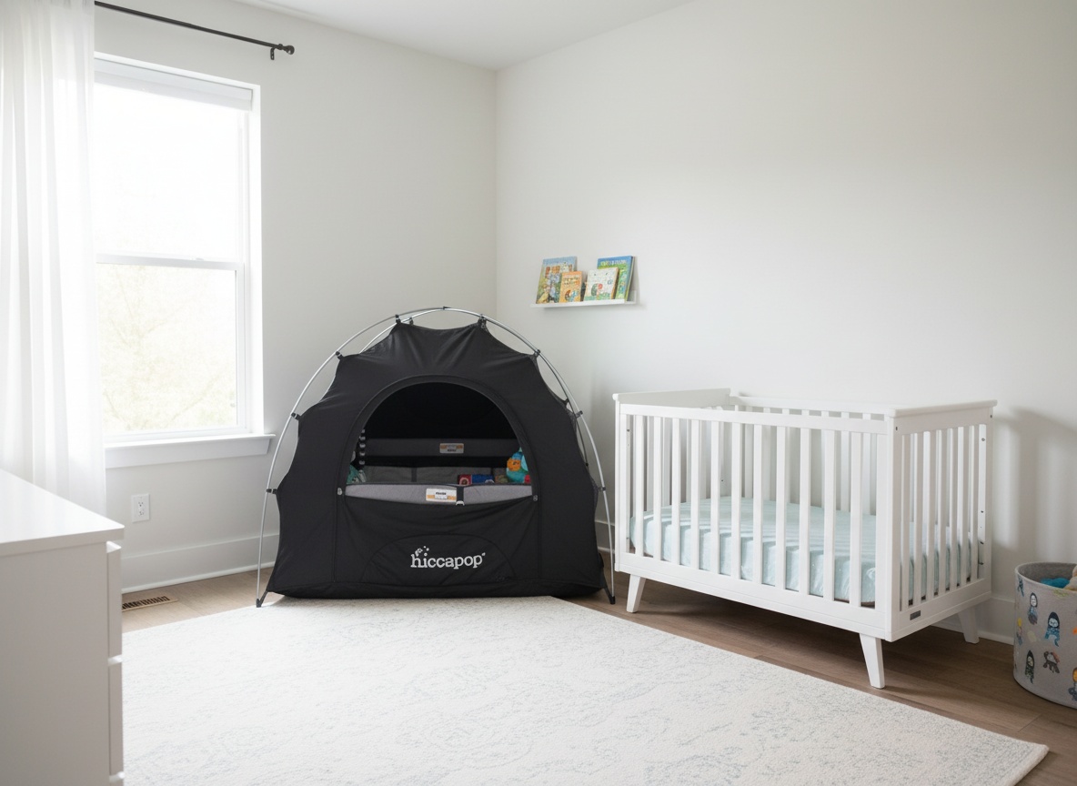 Blackout tent positioned in corner of sunlit nursery beside crib and dresser