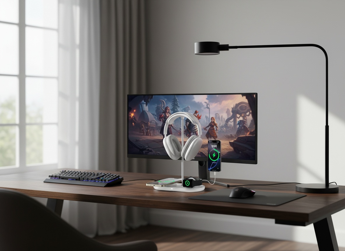 TopMade 4-in-1 charger stand on a gaming desk holding multiple devices among keyboard and monitor