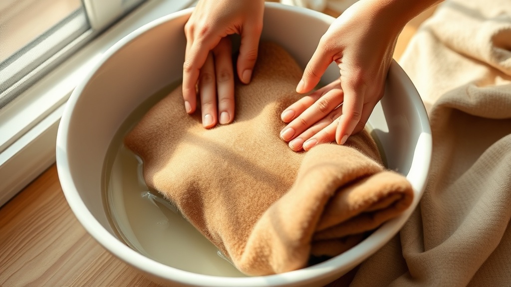 Hands gently hand-washing a camel cashmere coat in a white basin with cool soapy water