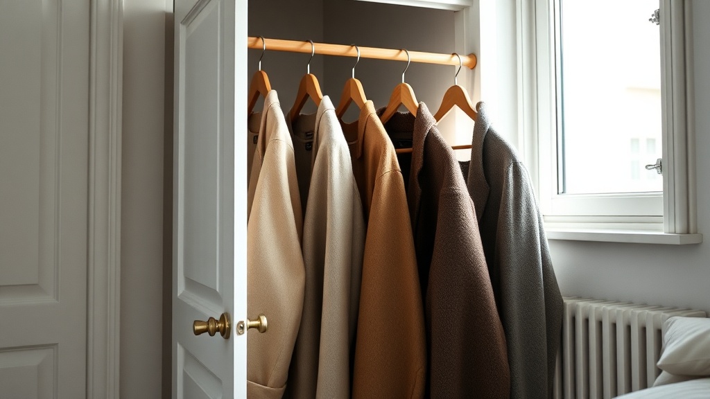 Cashmere coats stored in breathable cotton garment bags inside a calm, well-organized wardrobe