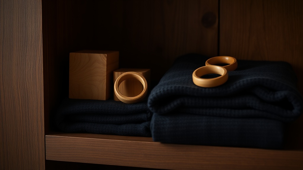 Natural cedar blocks and cedar rings on a wooden shelf beside a folded navy cashmere garment