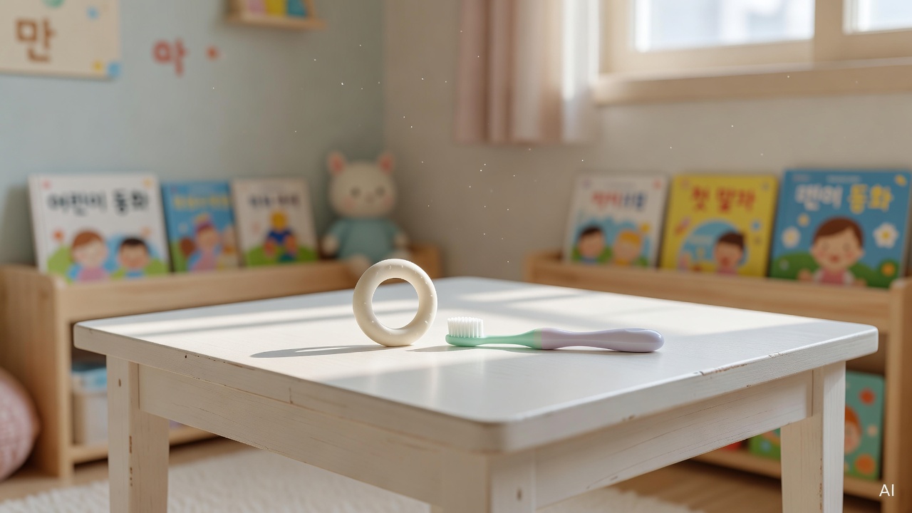 baby teething ring and soft toothbrush on a white wooden table in a bright nursery