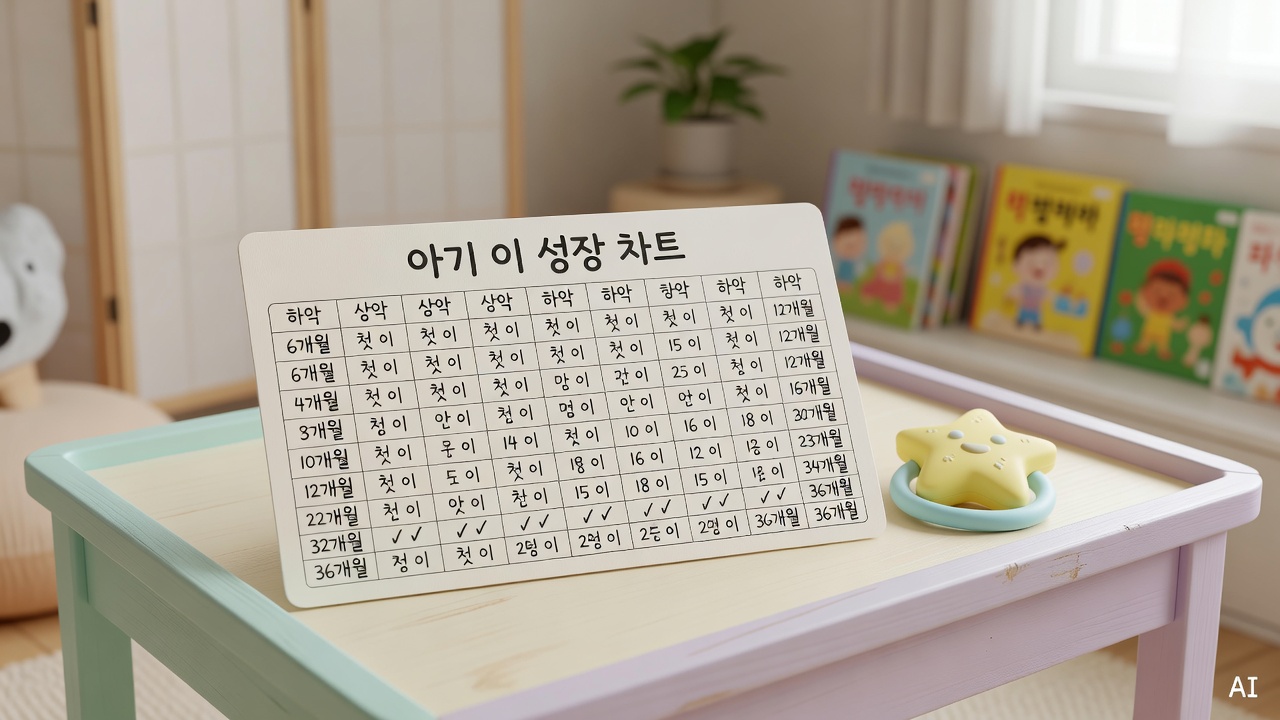 close-up of baby teeth growth chart on a pastel-colored nursery table with small teething toy