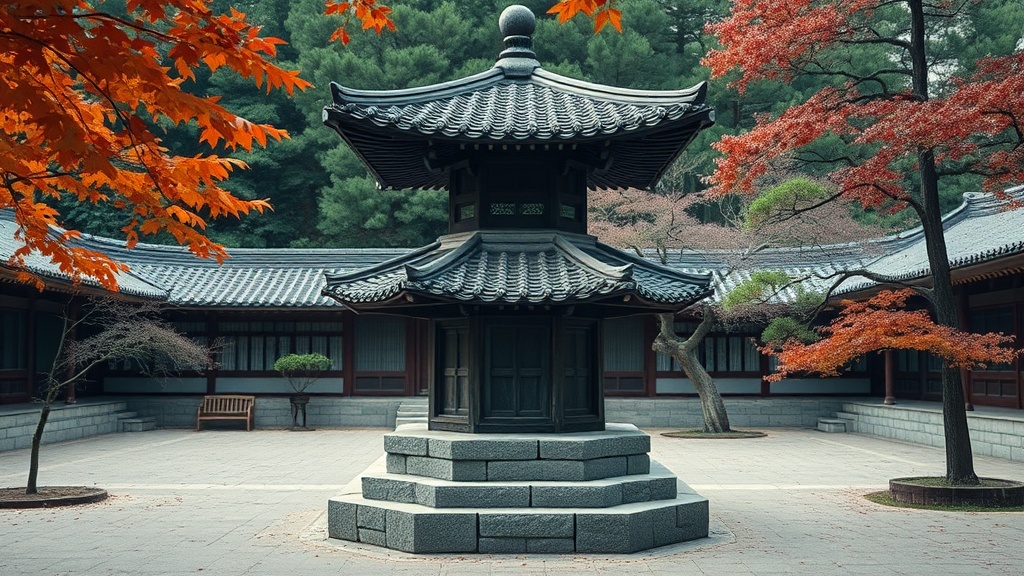 Pagode en pierre dans la cour d'un temple bouddhiste coréen entourée de feuillage automnal