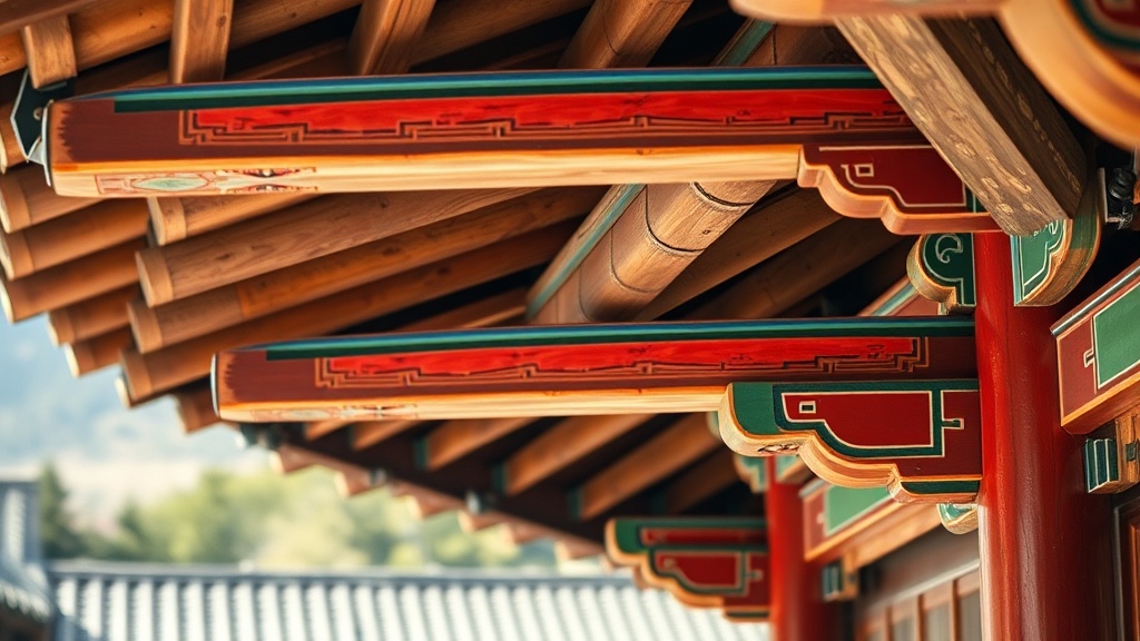 Peintures dancheong sur les poutres en bois d'un temple bouddhiste coréen traditionnel